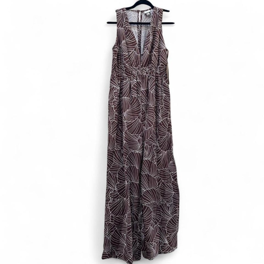 A New Day Brown & White Ginkgo Leaf Sleeveless Jumpsuit Small Summer Cottagecore